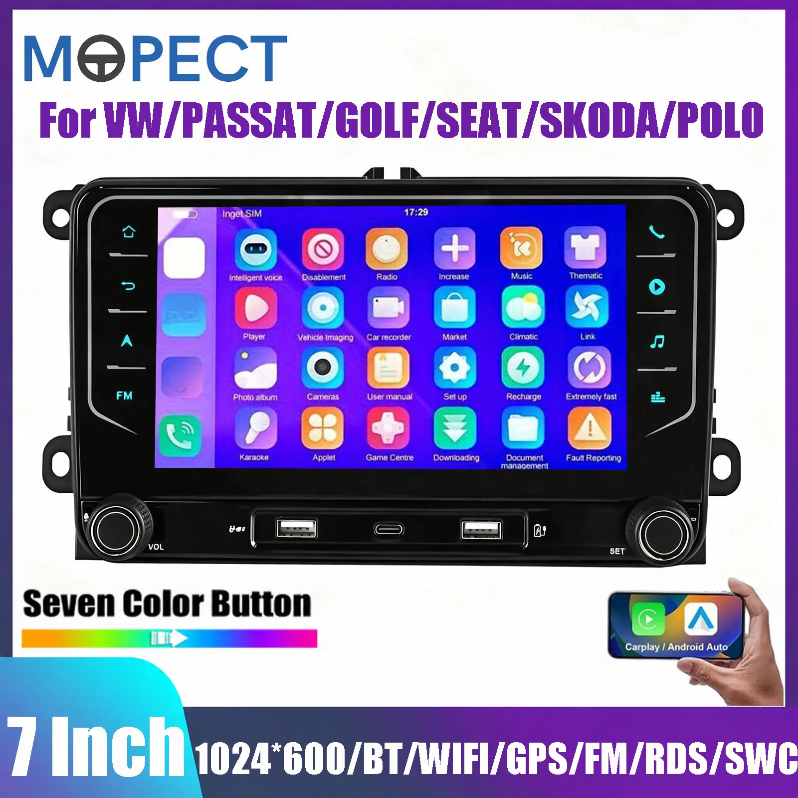 MOPECT Autoradio Android 15 da 7 Pollici 4+64G per VW Golf 5 6 Plus Touran Caddy Jetta SEAT SKODA con CarPlay Wireless, Android Auto, Lettore Multimediale, Stereo per Auto, Autoradio, Unità