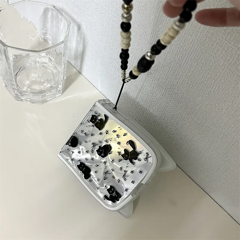 Preto orelhas de gato caso de telefone para samsung galaxy z flip 7 6 5 4 capa protetora traseira para zflip5 zflip6 zflip7 caso escudo