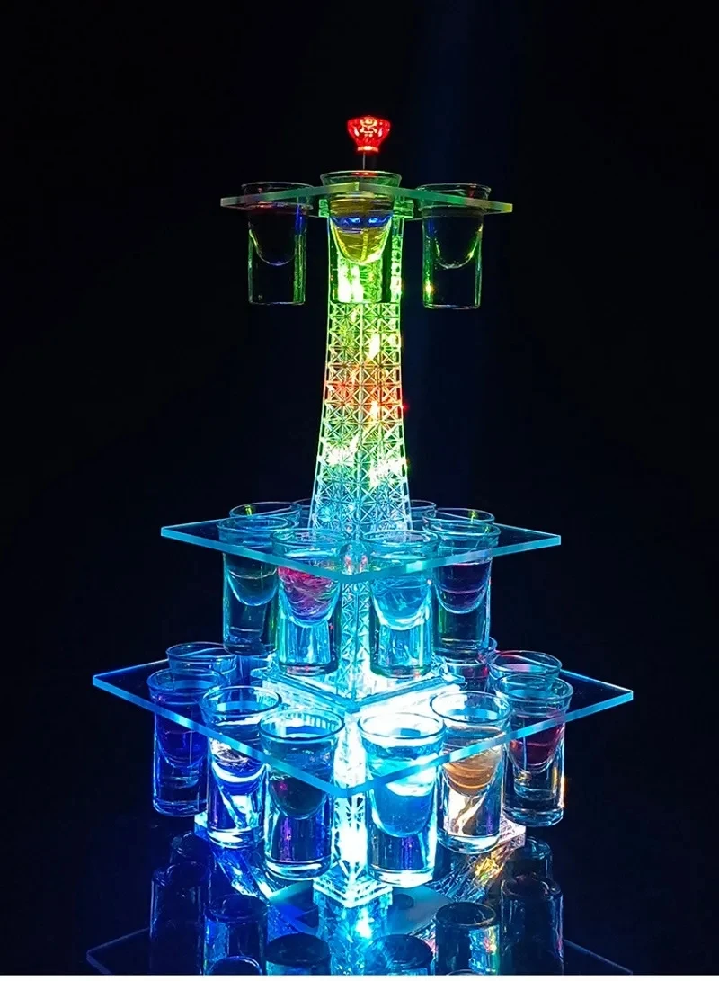 Colorful LED Luminous Crystal Eiffel Tower Cocktail Cup holder Stand Bar Nightclub Shot Glass Glorifier Display Rack Disco Decor