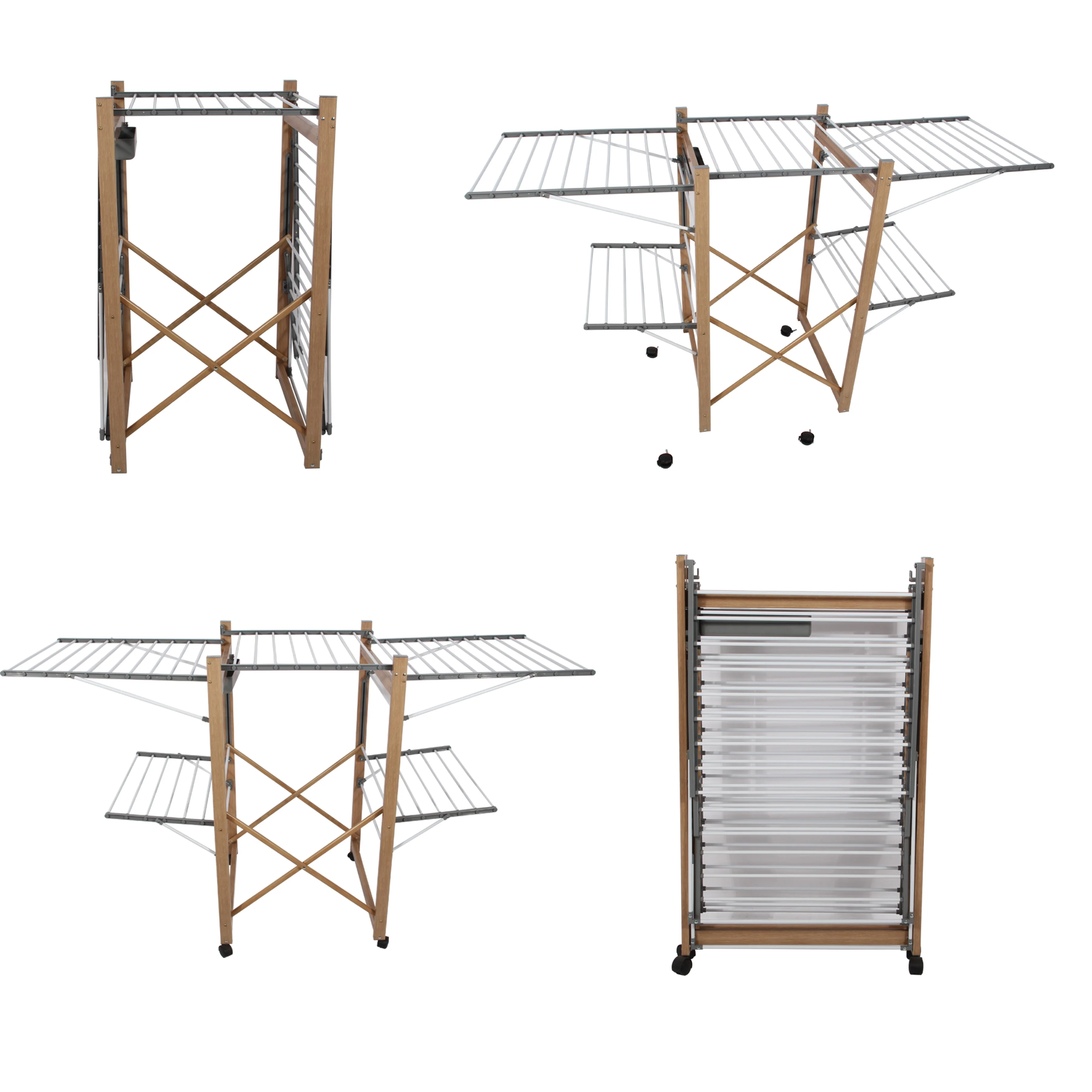 Folding wood grain drying rack/metal hanger floor standing/laundry towel hanger