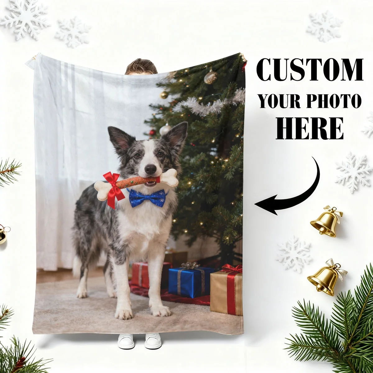 Maßgeschneiderte Weihnachts-Familienfoto-Flanelldecke – bedruckt mit warmen Familienfotos + Weihnachtselementen, weich, warm und fusselfrei, geeignet für Wohnzimmersofas, Schlafzimmerbetten,