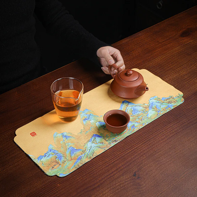 Extra Long Dual Use Thickened Absorbent Plush Tea Towel Zen Painted Cloth for Tea Table Teapot Care Cleaning Accessory