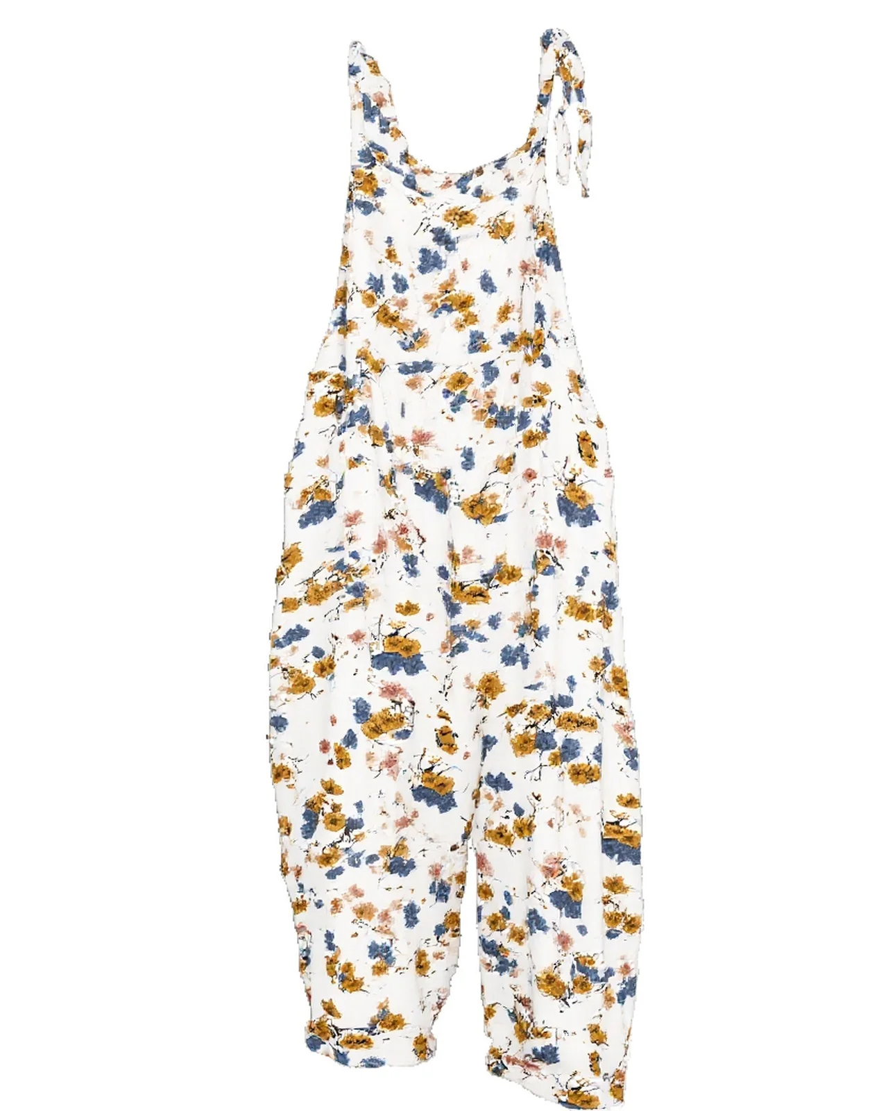 Women Retro Yellow Blue Floral Print Sling Jumpsuit Adjustable Bow Shoulder Strap Loose Wide Leg Casual Overalls