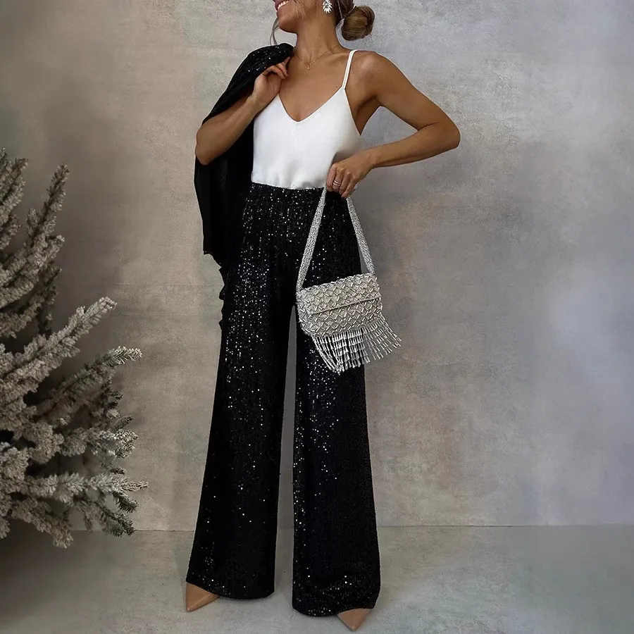 

Mandylandy Spring and Autumn New Beads Small Suit for Women High-waisted Casual Wide-leg Pants Female Office 2 Piece Set 2025