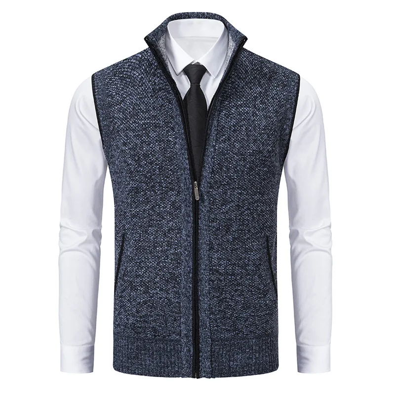 Men's  Autumn Winter Knit Vests Stand Collar Solid Color Knitted Sleeveless Sweatercoat Zipper Vest Cardigan Knitting Waistcoat