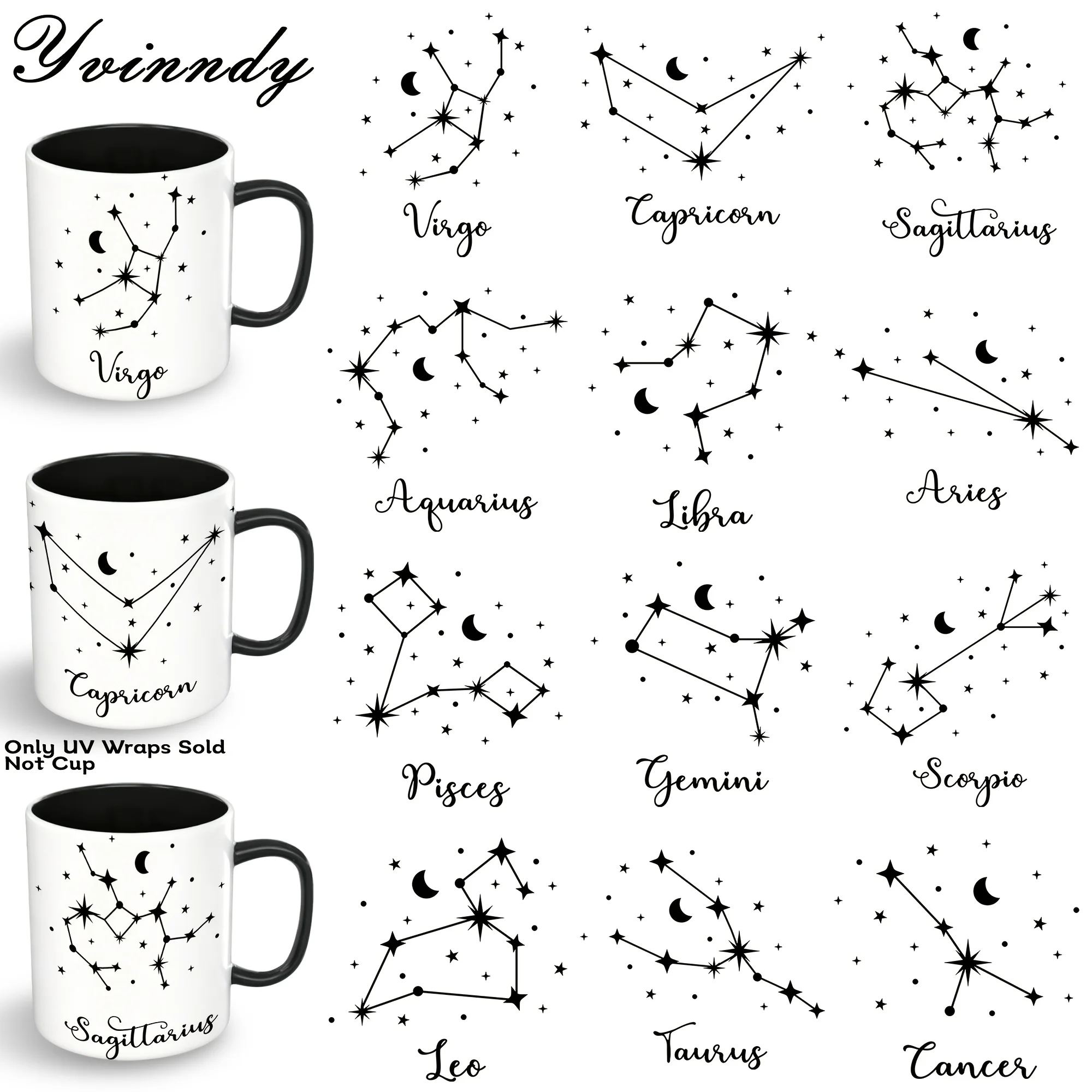 12Pcs/Set White Line Chart of the Twelve Constellations Glass Jar Packaging Stickers UV DTF High Self Adhesive Transfer Paper