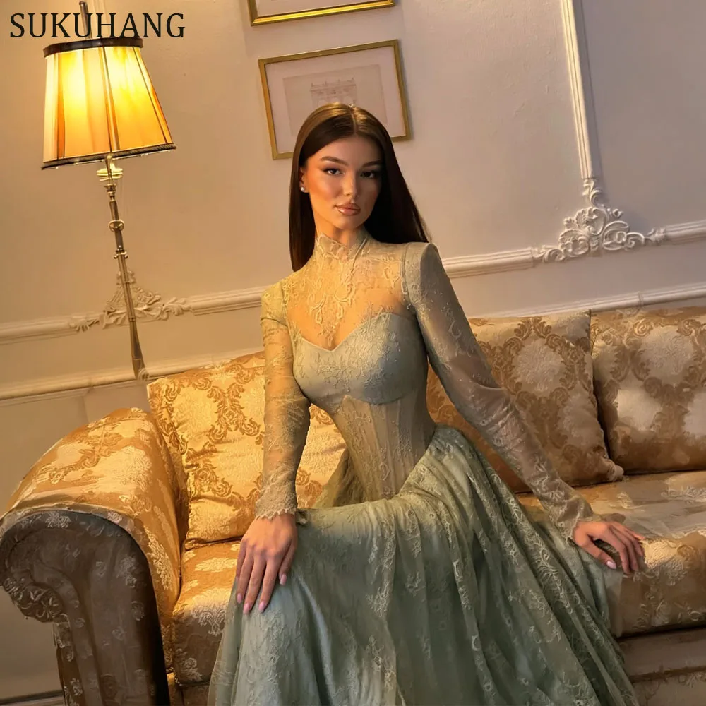 SUKUHANG verde cuello alto A-Line vestidos de noche largos de encaje de manga larga vestidos de graduación hasta el suelo Dubai personalizado