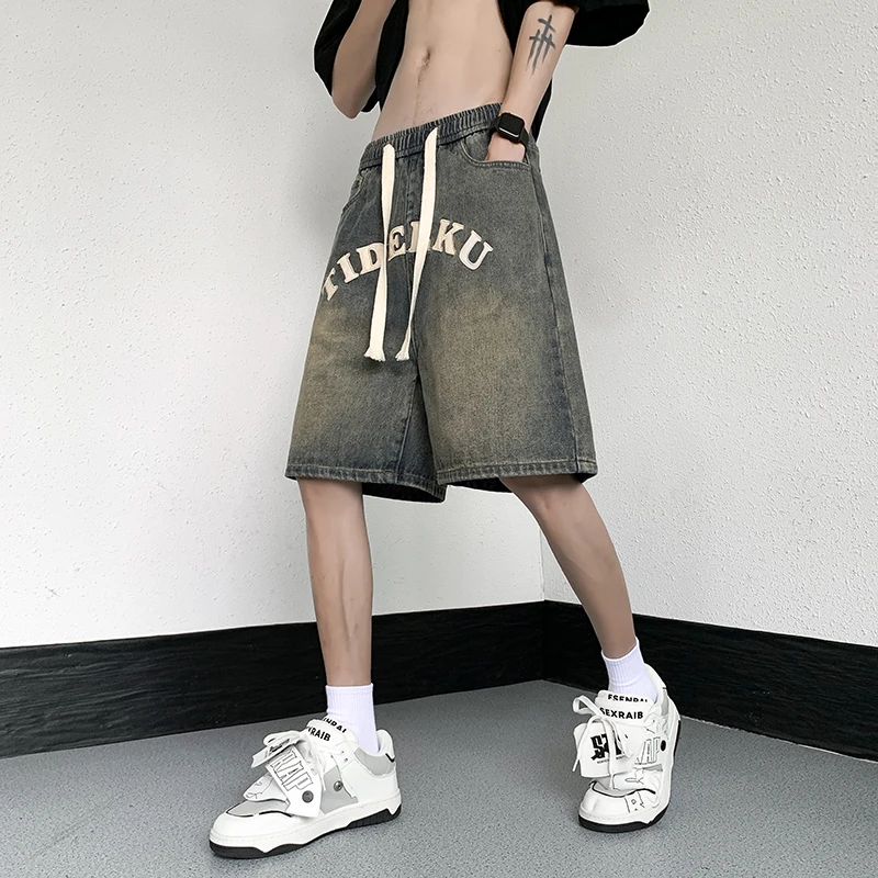 

American Retro Men's Denim orts Summer Thin Loose Casual Five-Point Pants Straight Leg Mid-Calf High Street Jeans