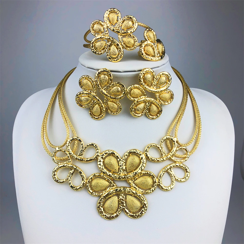 ESALE New Fashion Trendy Women Jewelry Set Brazilian Gold-Plated African Wedding Bridal Big Flower Pendant Necklace Gifts