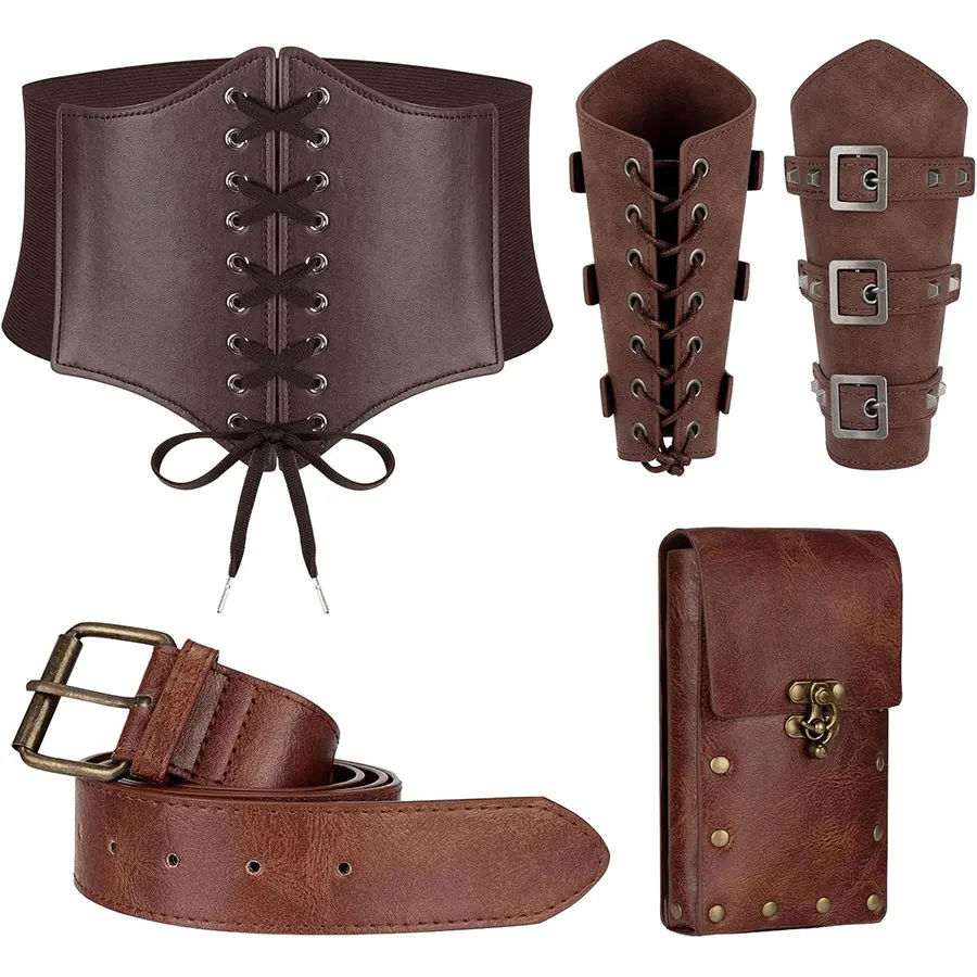 

5pcs/4pcs Medieval Renaissance Costume Set Wallet/Belt/Pouch/Keychain Corset PU Leather Belt Wallet Hiking Steunk Viking Cosp