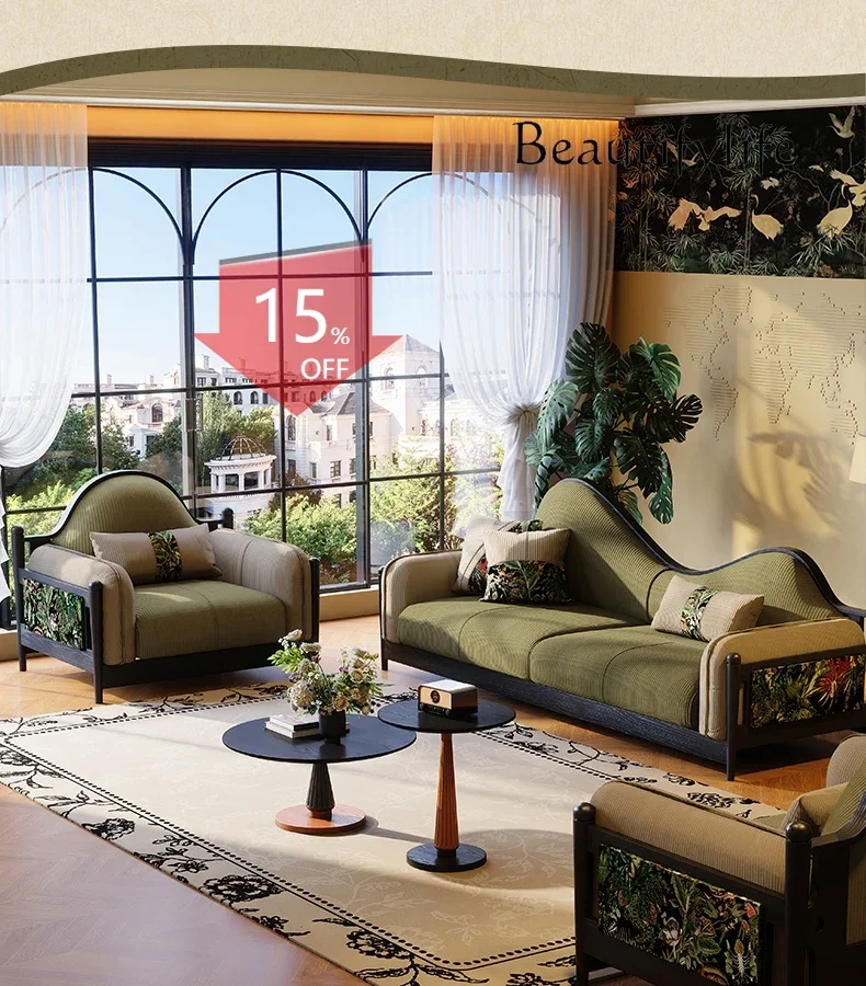 D29 Fabric Sofa French Retro Small Apartment Living Room Green Corduroy Three-person Sofa