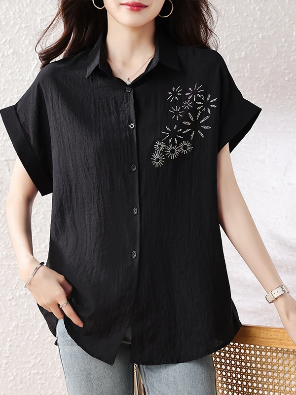 

Slimming Effectiveness Summer New Style Loose Big Size Rhinestone Fashionable Chiffon Shirt Artistic Style Short Sleeve ...