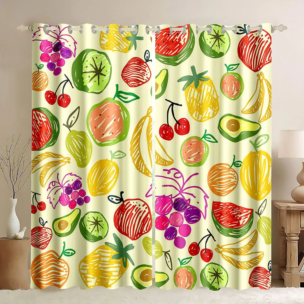 Fruit Window Blackout Curtain Cartoon Hand Painted Fruit Summer Season Tropical Organic Yummy Design Curtain Watermelon Avocado