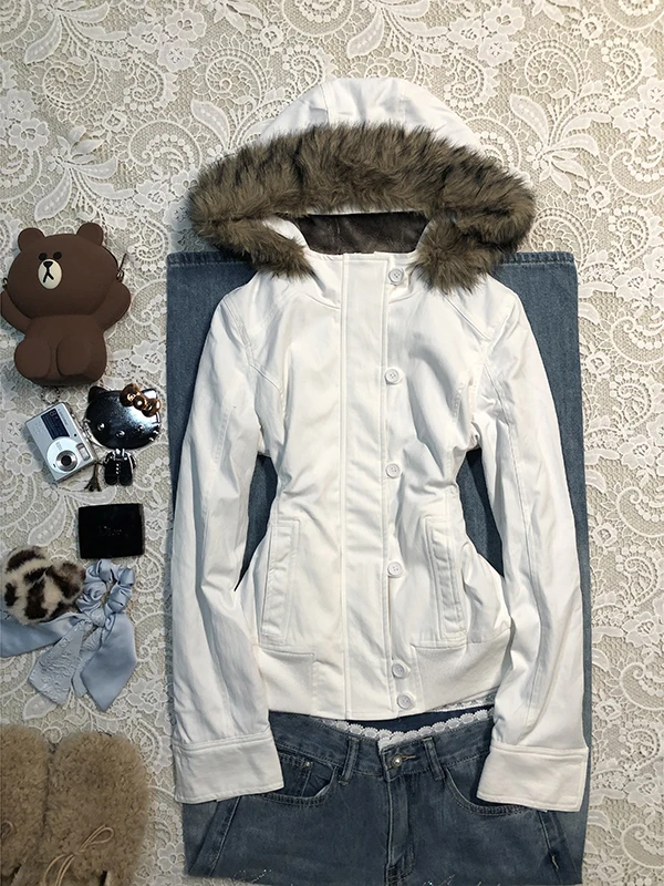 

Original BaoYao Girl White Plu Jaet Women's Winter Faionable American Retro Sle Windproof Cotton Blend Zipper Closure