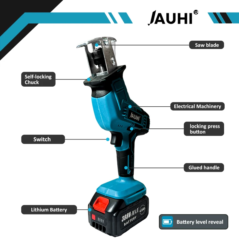 JAUHI 2000W Cordless Electric Chain saw Adjustable Speed Metal Wood Cutting Electric Reciprocating Saw For Makita 18V Battery