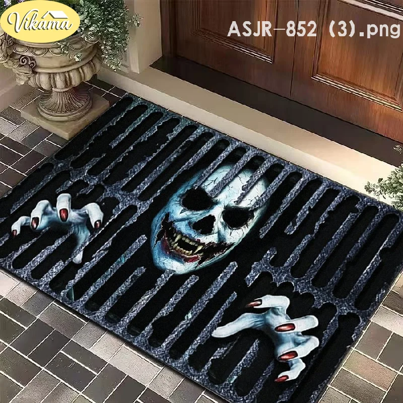 VIKAMA Halloween Door Mat 3D Skeleton Monster Sewer Grate Print Non Slip Rug For Entrance Horror Party Decor