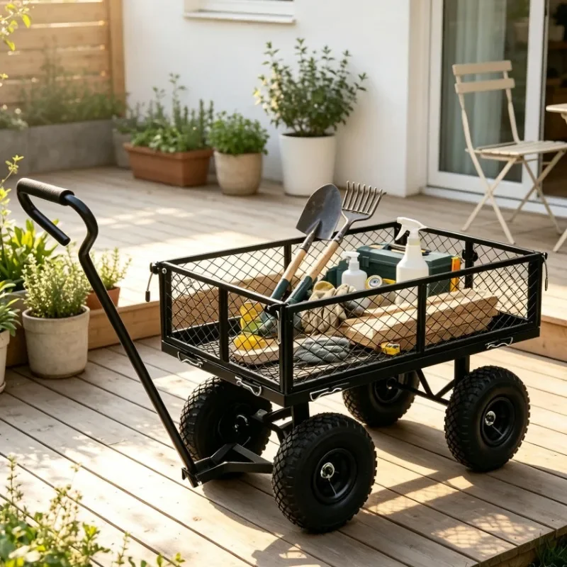 Chariot de jardin avec structure en acier, panneaux latéraux extensibles pour un chargement facile, conception à double roue pour un transport lourd, 80x45x60 cm, robuste, pratique, pour les travaux de jardinage et le rangement, polyvalent, durable