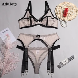 Aduloty Women Sexy Underwear Hanger Strap Mesh Thin Perspective Temptation Three Piece Set of Erotic Lingerie Support Bra