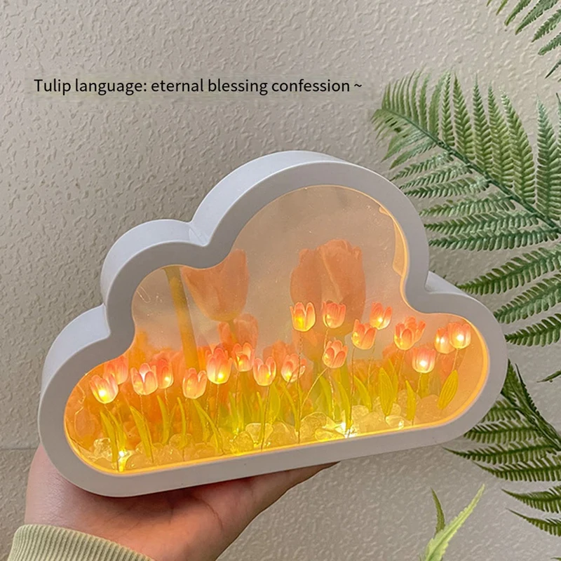 DIY Cloud Tulip LED Night Light Girl Bedroom Ornaments Photo Frame Mirror Table Lamps Bedside Handmade