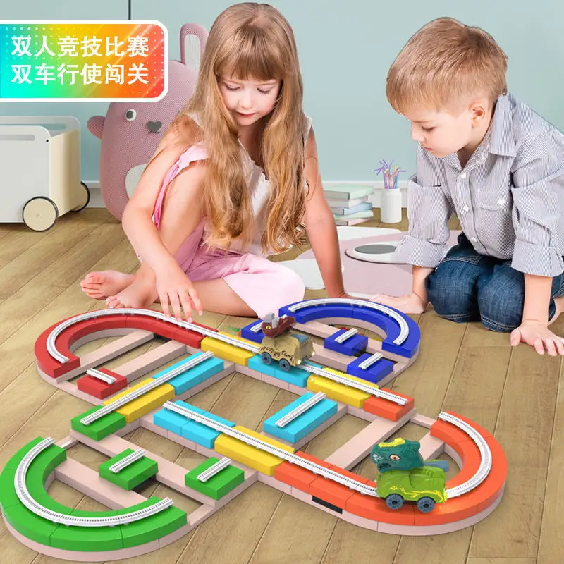 Brinquedo educativo das crianças pista elétrica carro movendo blocos de montagem automóvel pequeno trem quebra-cabeça meninos jogar modelo veículo