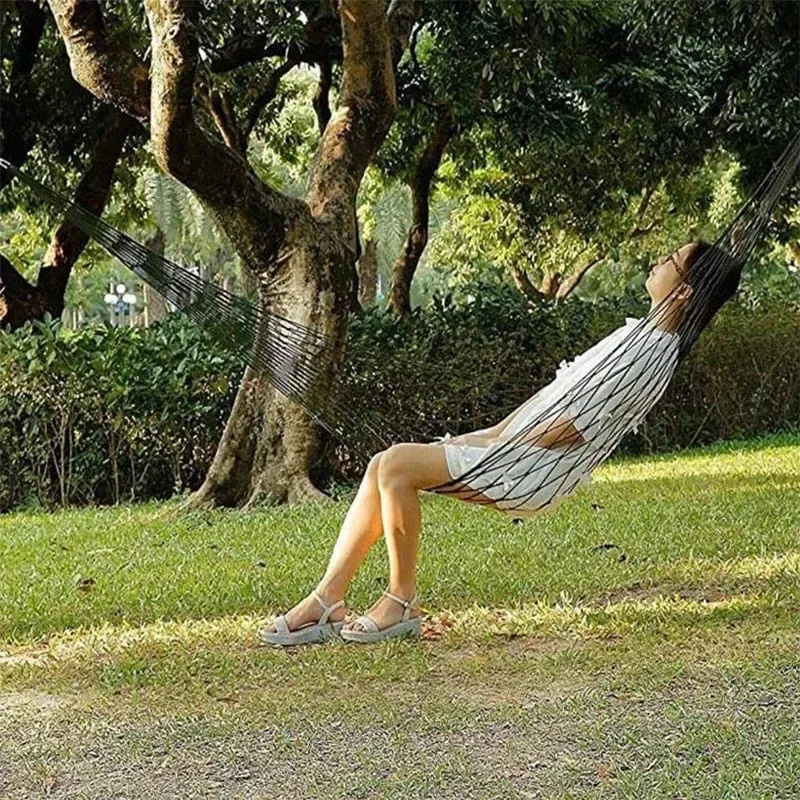 Portable Nylon Mesh Hammock with Hanging Ropes Lightweight Outdoor Swing Bed for Camping Beach Garden and Travel Use