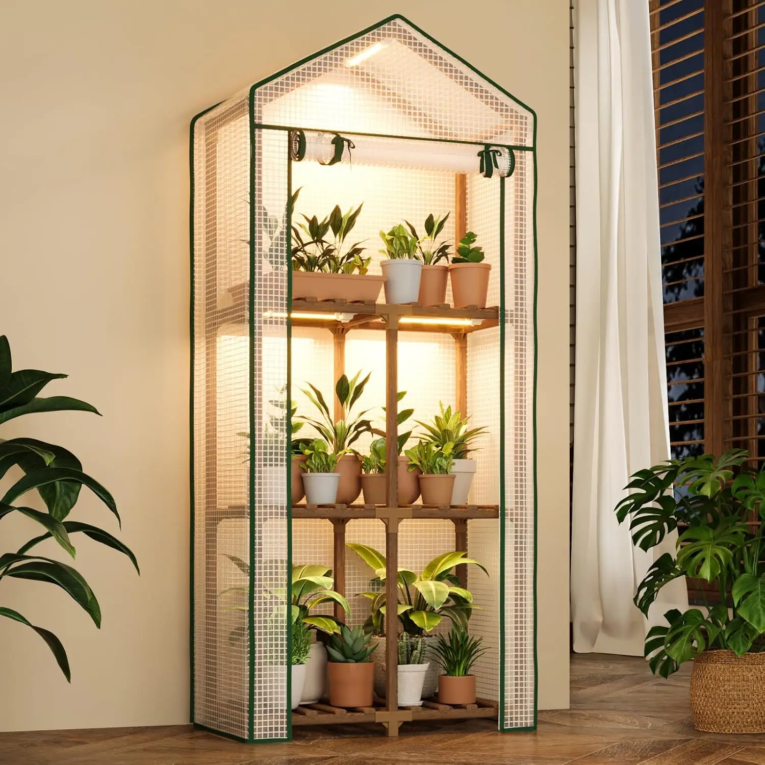 Bamworld Mini Greenhouse with Grow Light Plant Stand for Mutiple Pots Outdoor 3-Tier Portable Greenhouses with Durable PE Cover for Seedling Ideal Gardening Gifts for Women Men
