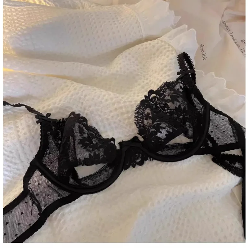 French Lace Bra & Panty Set w/Steel Rings Ultra-Thin Push-Up Bralette Small Bust Sheer White Sexy Lingerie Pure Seductive Style
