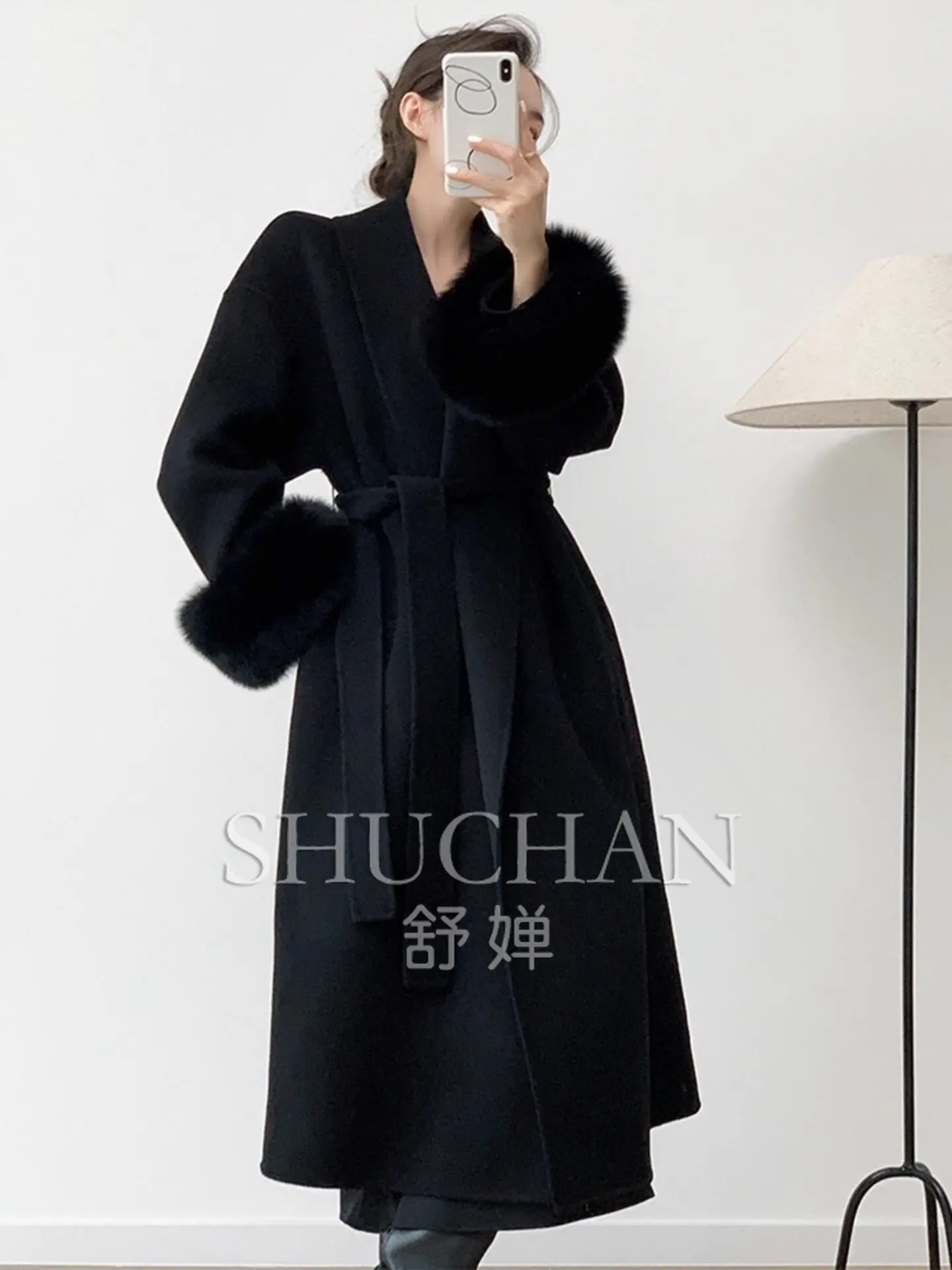 Fox hair black double-sided wool cashmere coat women's 2026 new winter clothing medium and long small woolen coat