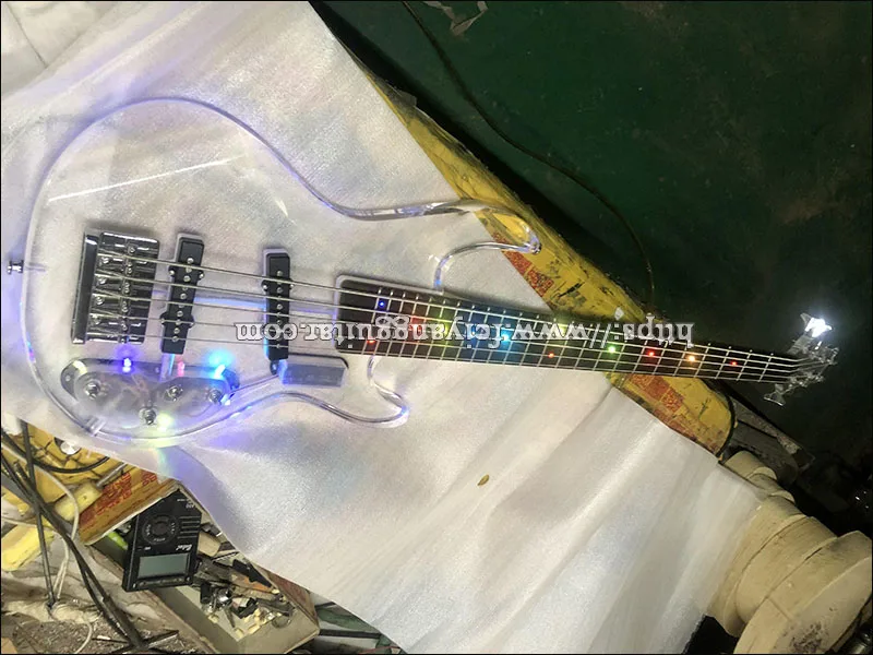 Electric Bass Guitar, Acrylic Body, Rosewood Fingerboard with LED Light, 5 Strings, High Quality Bass Guitar,Free shipping