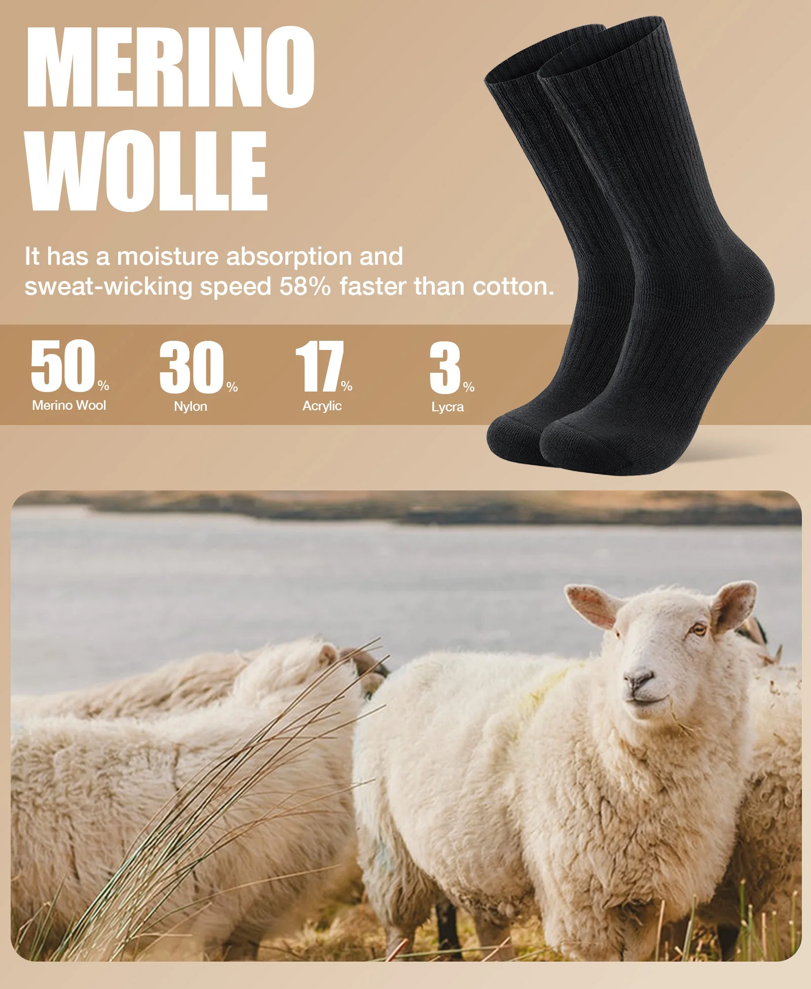 3 Pairs Merino Wool Socks Hiking Running Socks Soft Lightweight Shock Absorption Damping Mid-Calf Breathable Ankle Cycling Socks
