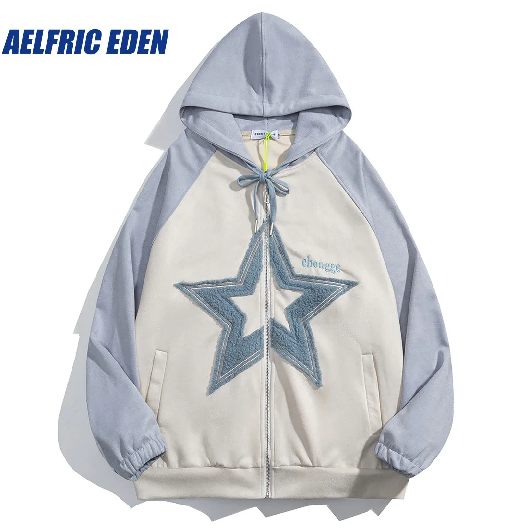 Aelfric Eden Burlap Star Patchwork Zip Up Hoodie Sweatshirt 2023 Men Y2K Hiphop Loose Cotton Hooded Streetwear Harajuku Pullover