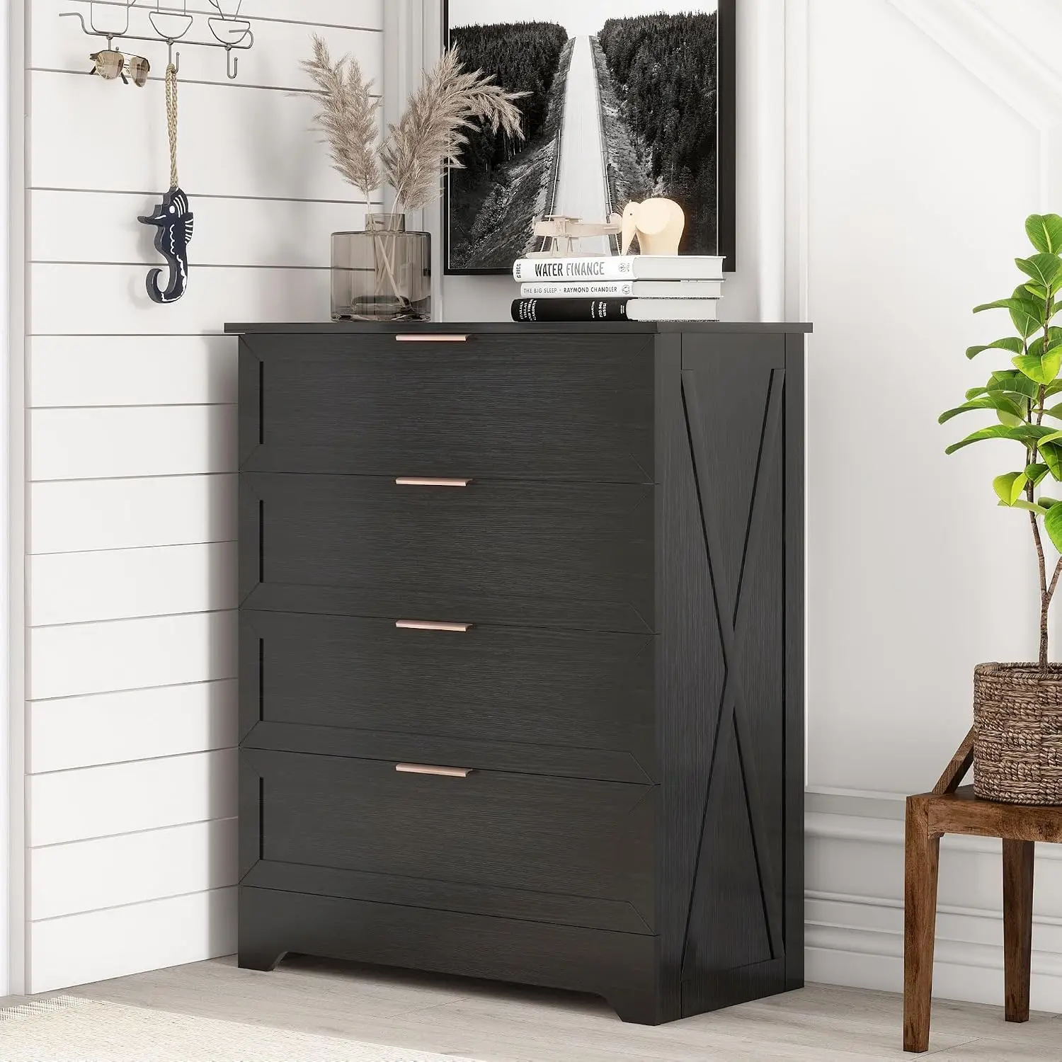 Black Wide Wooden Storage Chest Of Drawers With Deep Drawers And Rose Gold Handles, Anti-tip Drawer Organizer Cabinet For Closet Living Room Storage