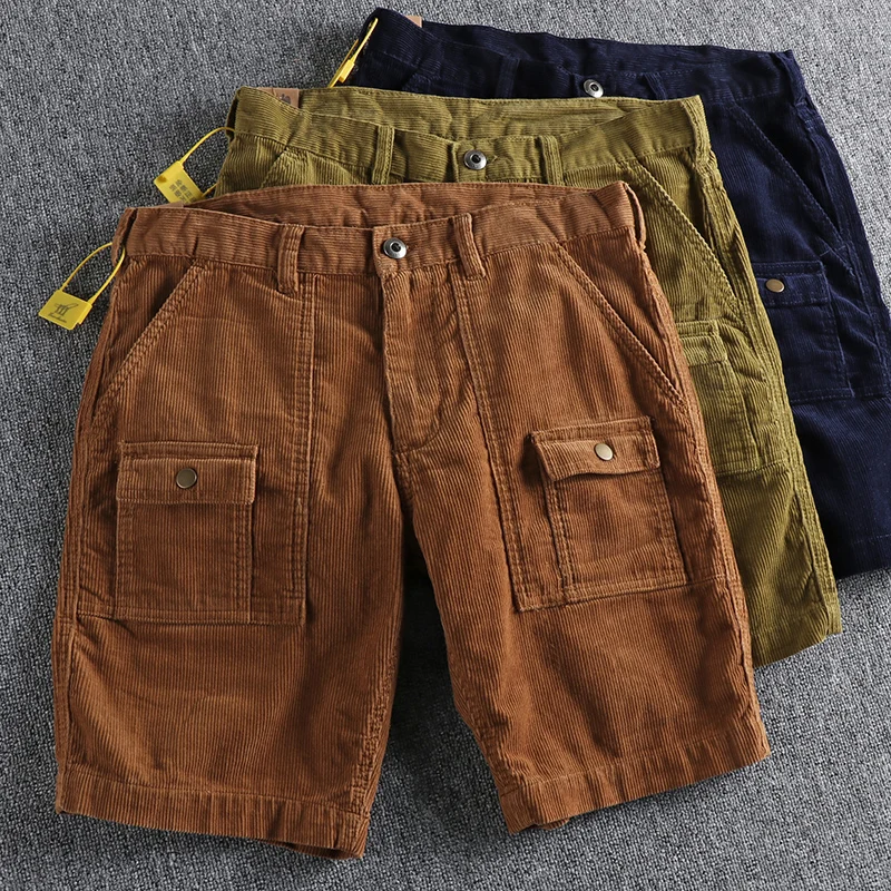 Summer Japanese Retro Corduroy Multi-pocket Cargo Shorts Men\'s Fashion Pure Cotton Washed Old Straight Casual 5-Point Pants