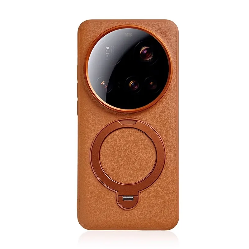 

Matte Vegan Leather Case For Xiaomi 15 14 Ultra Metal Holder Stand Magentic Suction Shockproof Bumper Case Cover