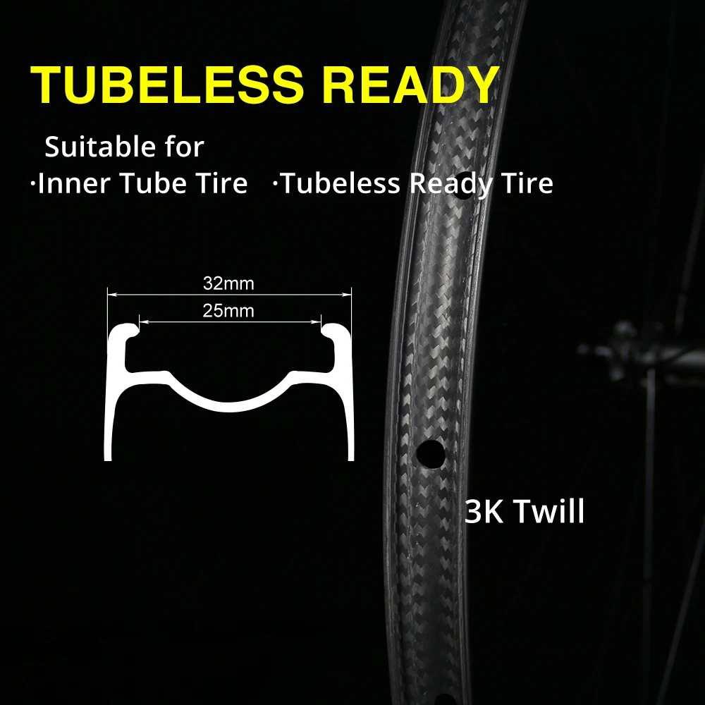 FineRide Carbon Fiber Road Bike Wheelset 700C Tubeless Rims Disc Brake Carbon Gravel Bicycle Wheels 32mm Outer Width