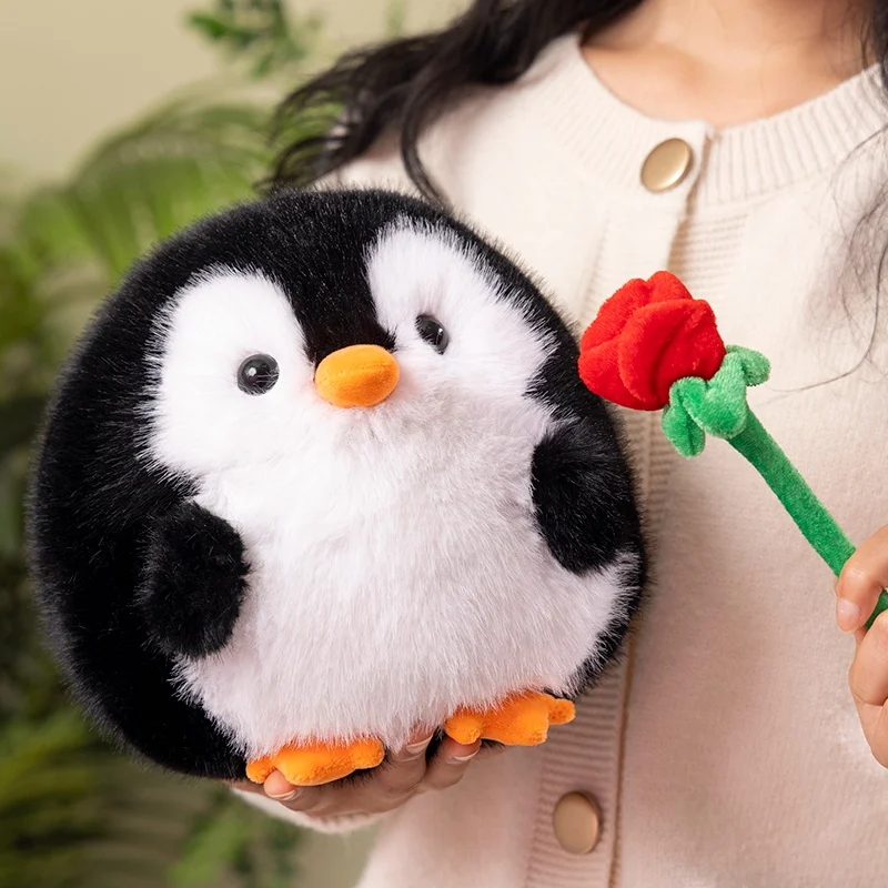 20cm Ball Penguin Pillow Stuffed Long Plush Kawaii Animal Grey Black Cartoon Plushie Peluche Holding Red Rose Flower Gift