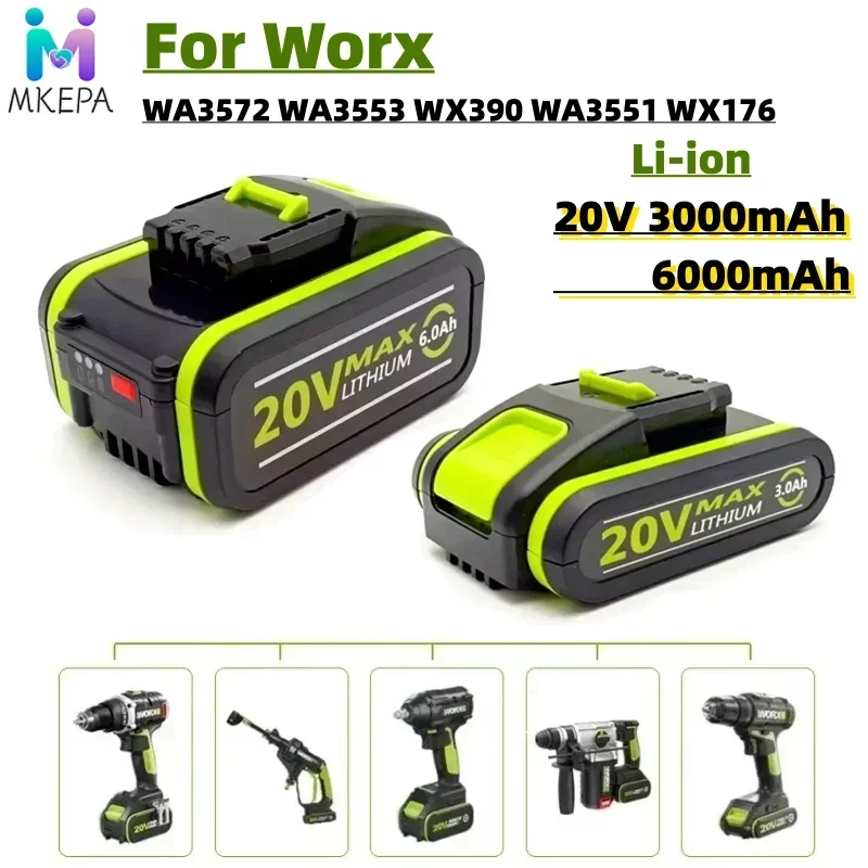 For Worx WA3551 3000mAh/6000mAh Battery 20V Cordless Power Tool Battery WA3572 WA3553 WX390 WX176 WX178 Spare Battery