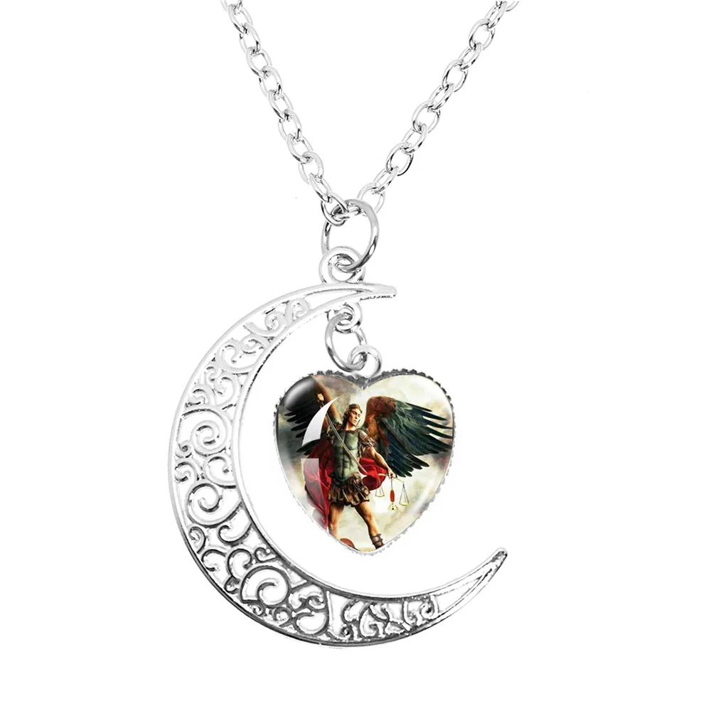 Archangel St. Michael Protect Me Saint Shield Protection Heart Shaped Pendant Peach Heart Moon Necklace Women Gift Jewelry