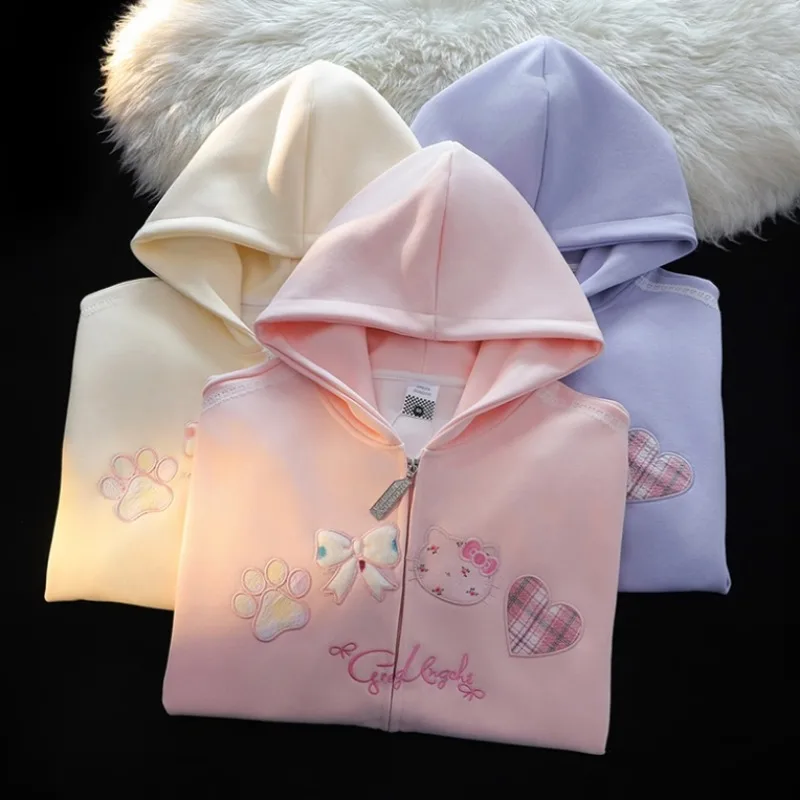 High Quality Lolita Cute Bows Cat Embroidery Hoodie Jacket Sweet Preppy Style Women Girls Loose Zipper Oversized Sweatshirt Coat