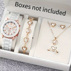 6PCS/Set Women's Watch Casual Silicone Band Analog Quartz Watch Rhinestone Heart Jewelry Set(Without Box)