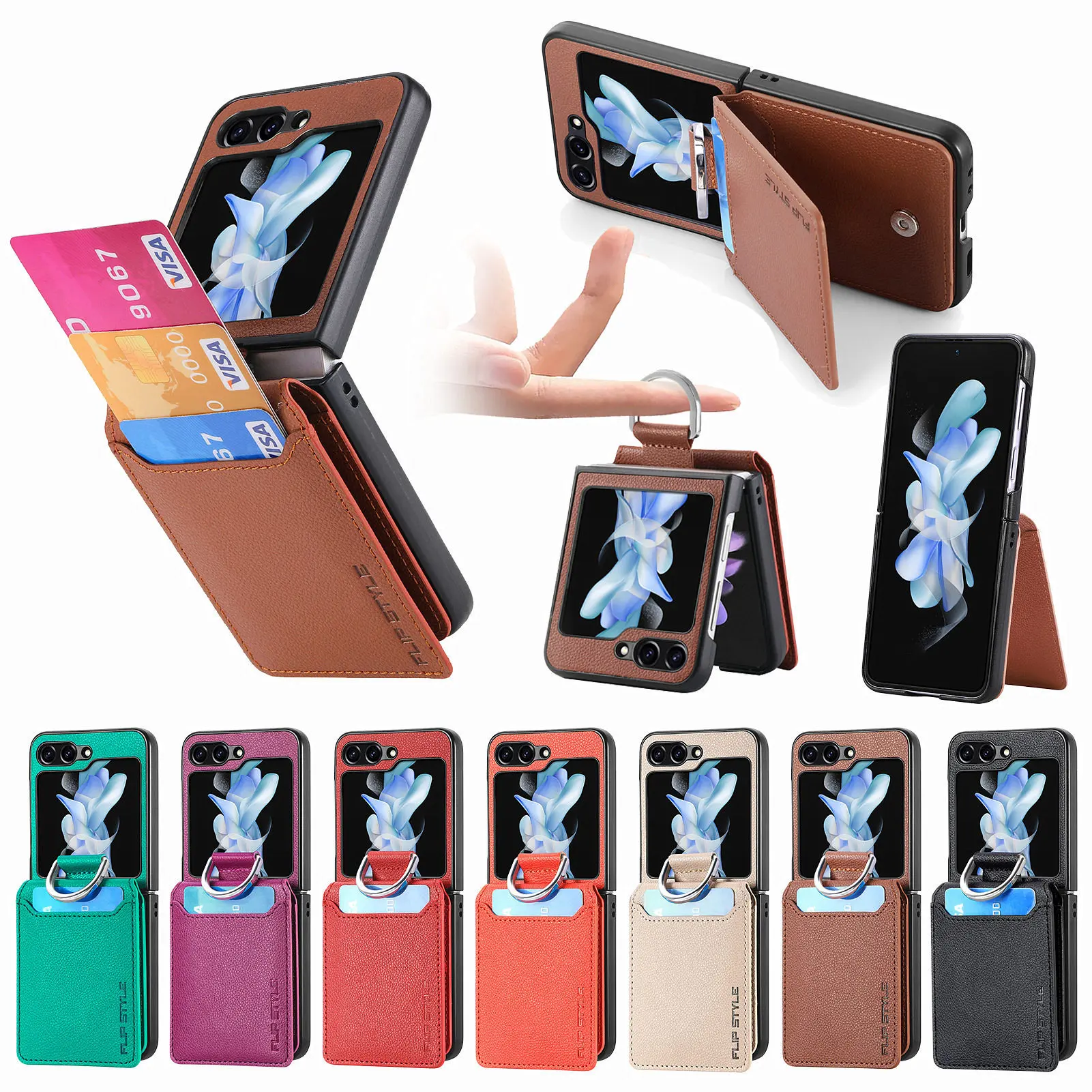 Litchi Print Finger Ring Phone Case For Samsung Galaxy Z Flip 5 4 3 2 1 Wallet Card Pocket Shockproof Leather Cover