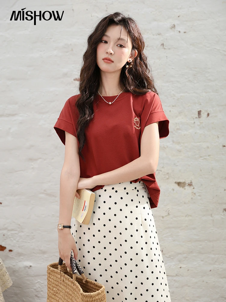 MISHOW Strawberry Embroidered Short Sleeved T-shirt for Women 2024 Summer Versatile Retro T-shirt Flying Sleeve Tees MXD31T0335