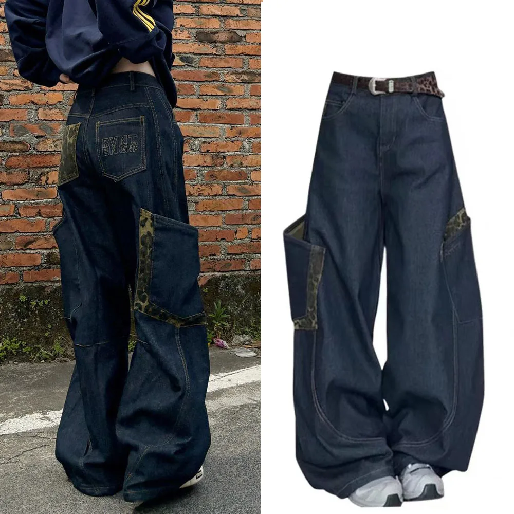 

Женские широкие джинсы с леопардовым принтом в стиле ретро, свободные брюки с высокой талией, весенне-осенний сезонный дизайн