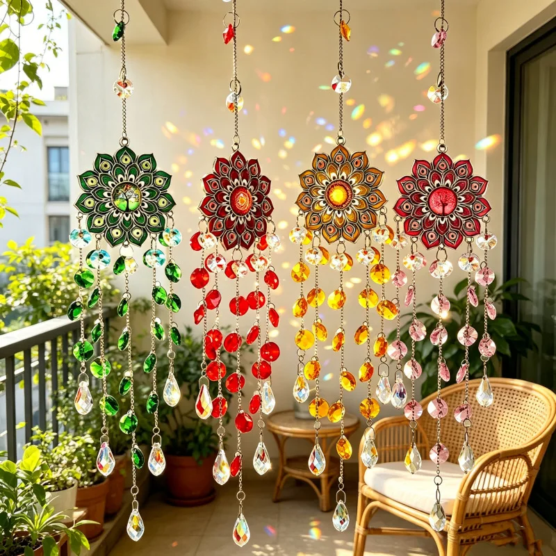 Mandala Flower Gemstone Sun Catcher With Colorful Glass Prisms For Window Garden Balcony Home Decor Red Pink Green Yellow