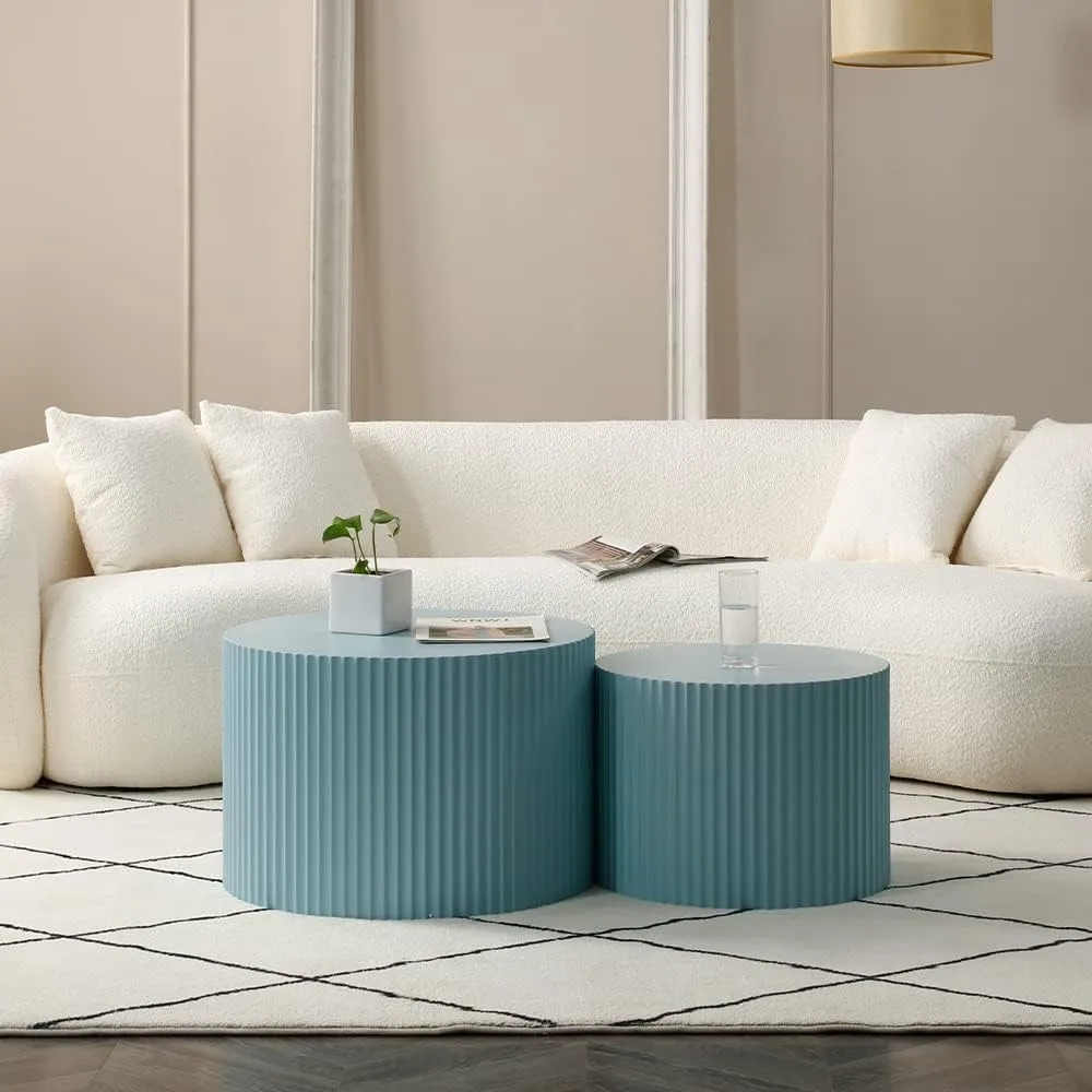 Modern Blue Nesting Coffee Table Set, 2-Piece Round Wooden Side Tables, Contemporary Accent End Tables