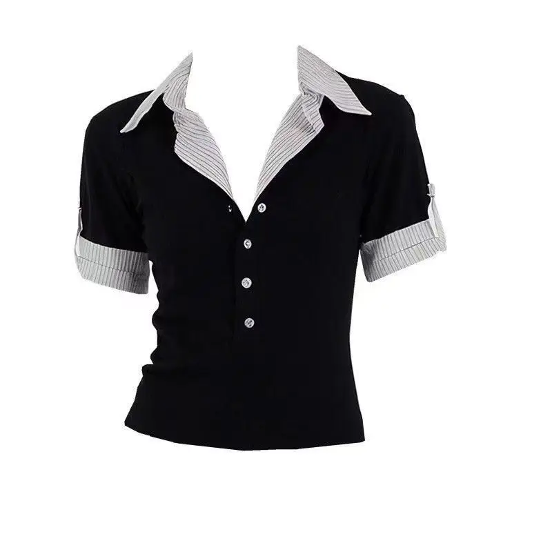 

Fake Two Pieces Trendy Patchwork Half Sleeve T-shirt Panelled V Neck Trendy Short Mujer Slim Simple Office Lady Casual Shirts