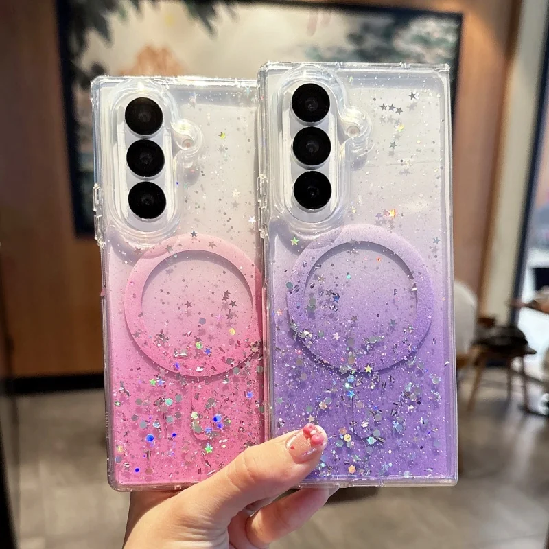 Custodia magnetica trasparente per telefono con gradiente glitter di lusso per Samsung Galaxy Z Fold 7 6 5 4 3 5G per copertura di ricarica wireless Magsafe