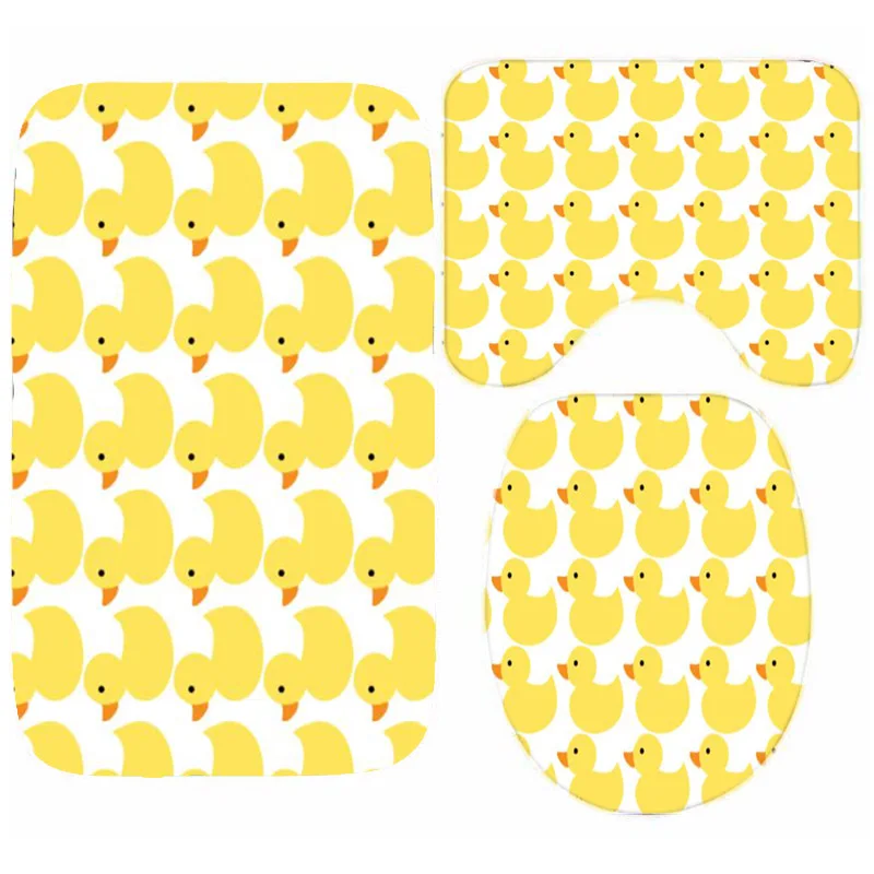 Cute Yellow Rubber Ducks Ducky Bathroom Bath Mats Rugs Set 3PCS Adorable Duckies Pattern Toilet Lid Cover Home Decor Kid Gift