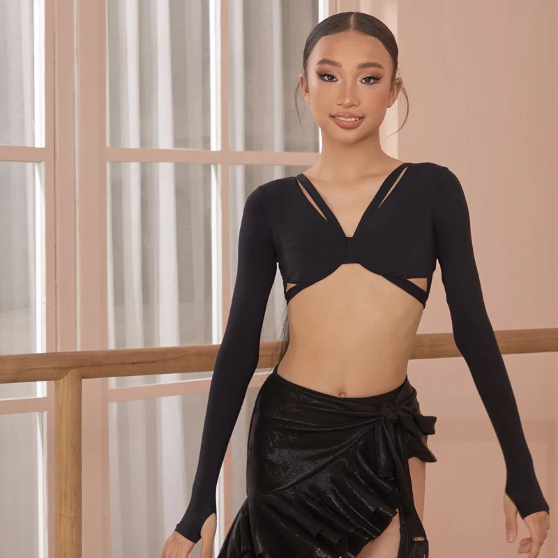 ZYM New Latin Dance Competition Clothing For Girls Long Sleeved Leopard Split Skirts Suit Kids Chacha Rumba Latin Dress DQS21255