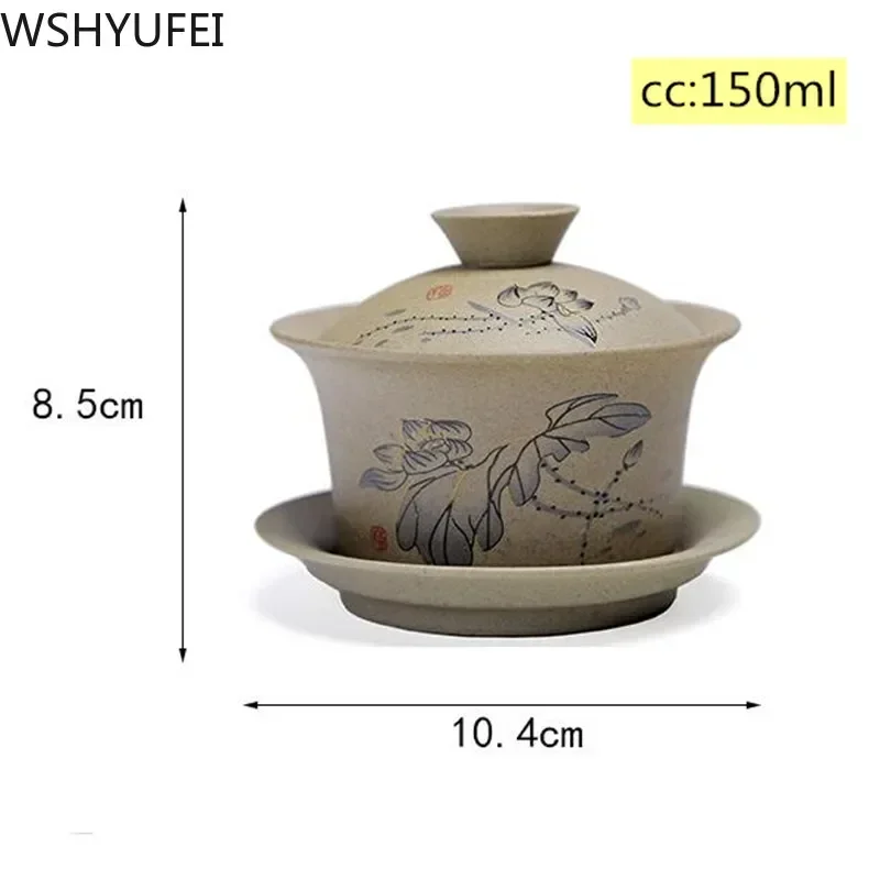 WSHYUFEI Jingdezhen ceramic Gaiwan bowl Chinese style Stoneware retro tea set Handmade Bubble tea bowl Travel Tea cup 150ml